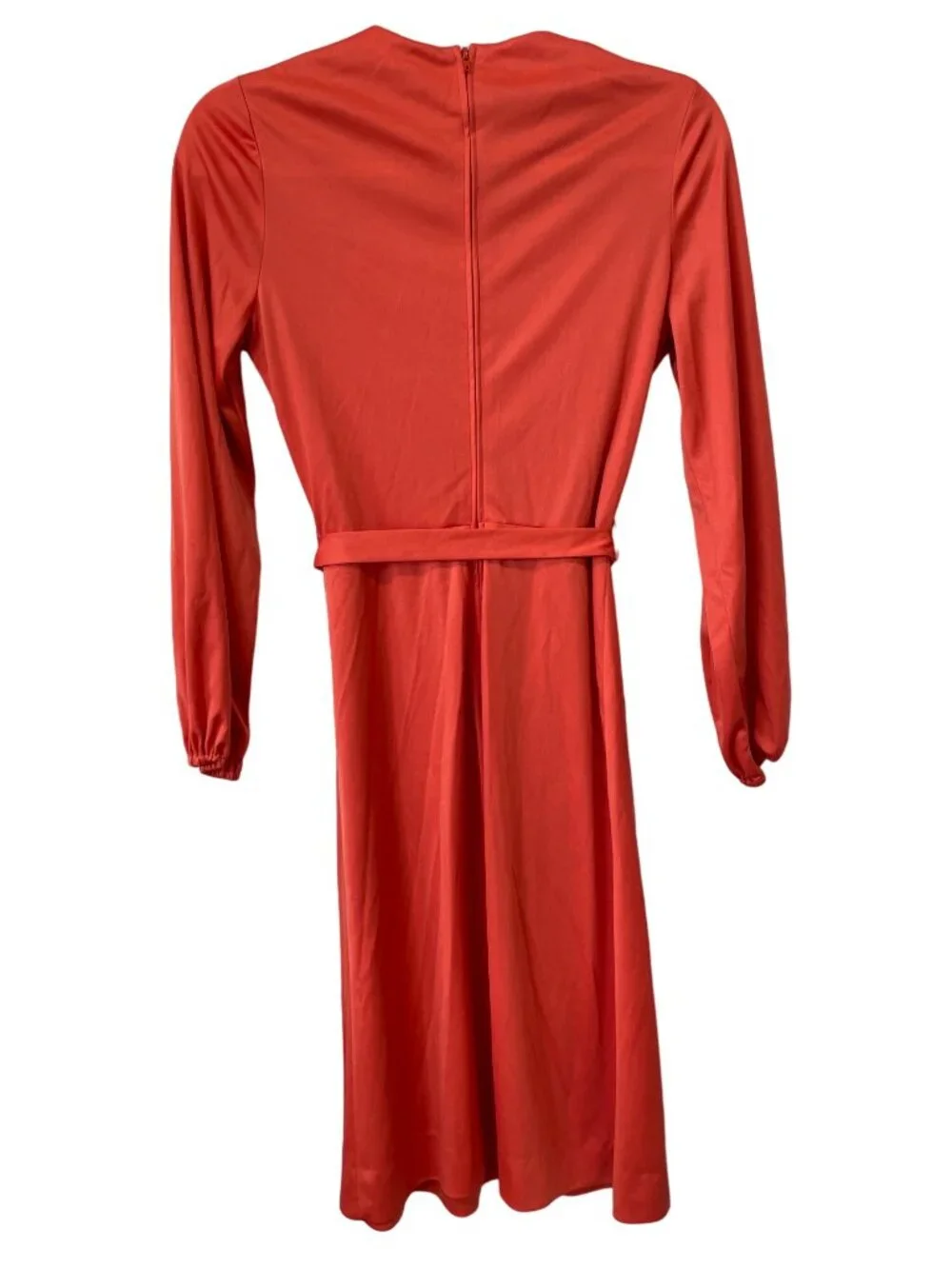 Vintage 70s Kevin Stuart Dress Size 6 Pleated Midi Tie Waist Long Sleeve Orange